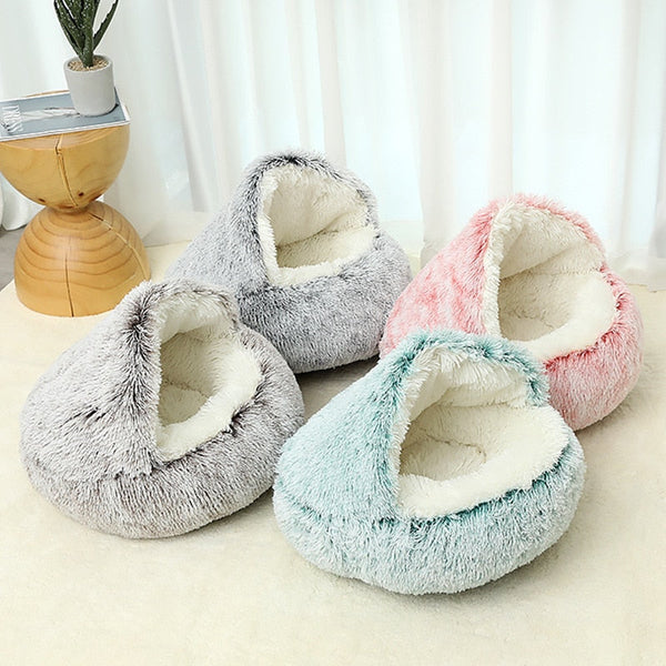 2 In 1 Plush Dog Cat Calming Hooded Pet Bed